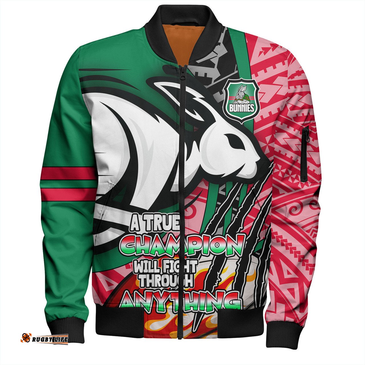 South Sydney Rabbitohs Grand Final Bomber Jacket - A True Champion Will Fight Through Anything With Polynesian Patterns