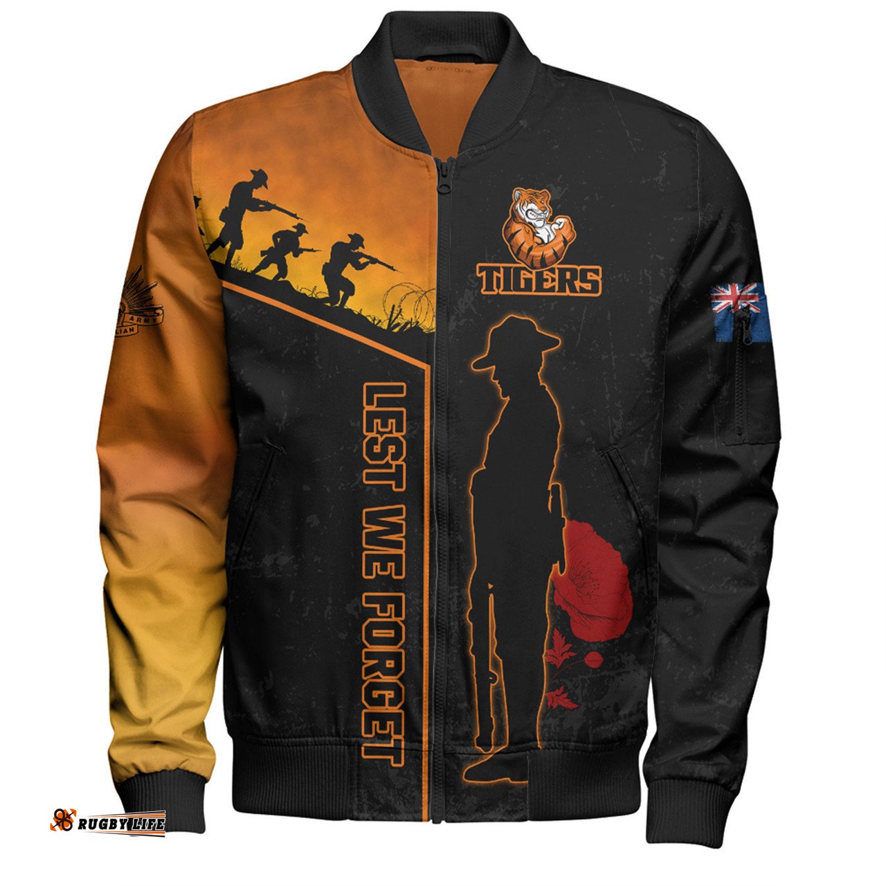 Wests Tigers Bomber Jacket - Anzac Day Lest We Forget Poppy