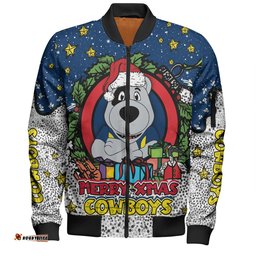 North Queensland Cowboys Christmas Custom Bomber Jacket - Merry Christmas Our Beloved Team With Aboriginal Dot Art Pattern Bomber Jacket