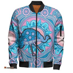Australia Emu Aboriginal Custom Bomber Jacket - Blue Indigenous Dreamtime Emu Bomber Jacket