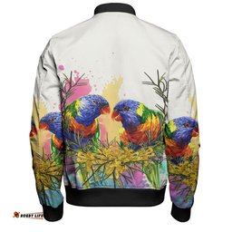 Australia Rainbow Lorikeets Bomber Jacket - Rainbow Lorikeets With Grevillea Flowers Bomber Jacket