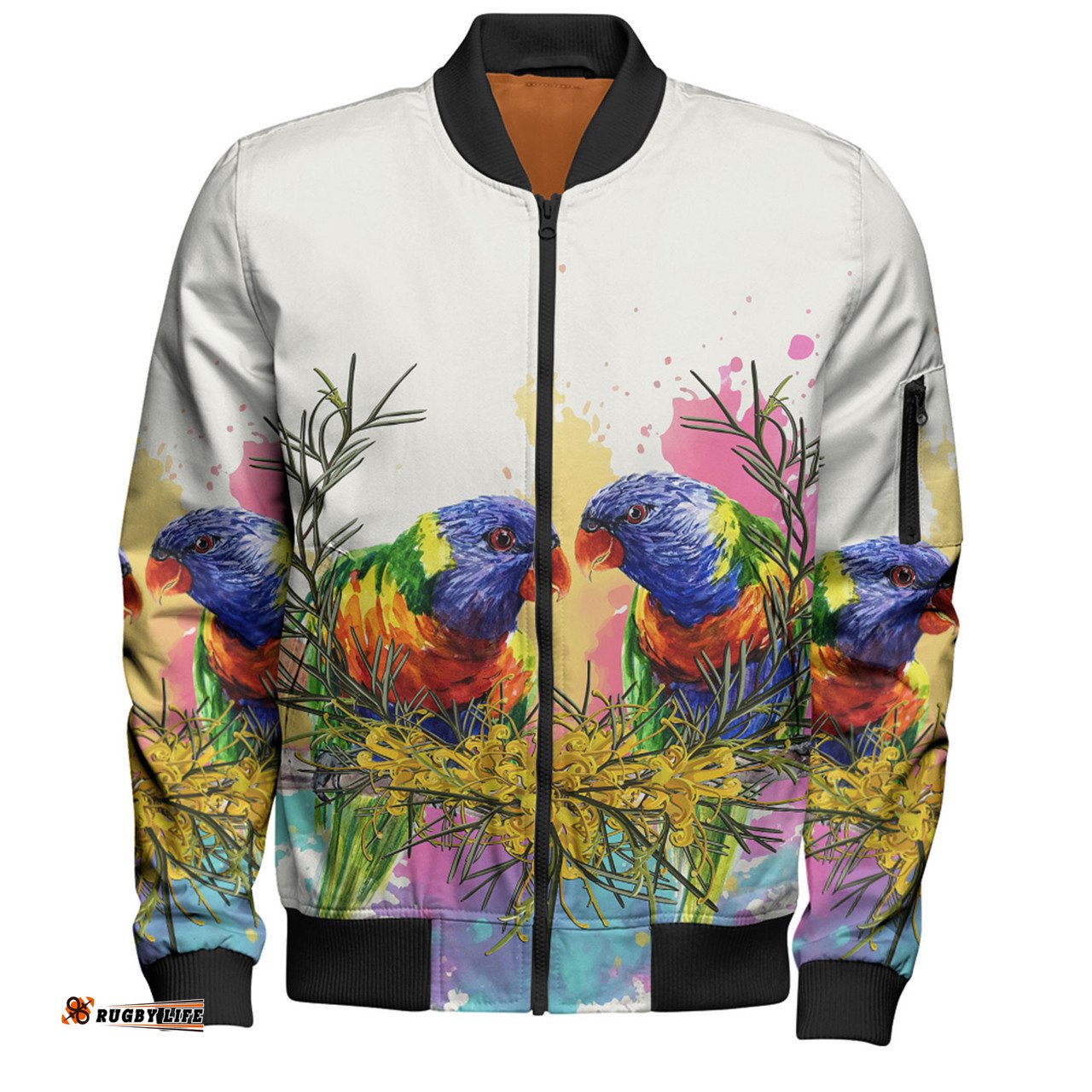 Australia Rainbow Lorikeets Bomber Jacket - Rainbow Lorikeets With Grevillea Flowers Bomber Jacket