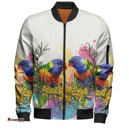 Australia Rainbow Lorikeets Bomber Jacket - Rainbow Lorikeets With Grevillea Flowers Bomber Jacket