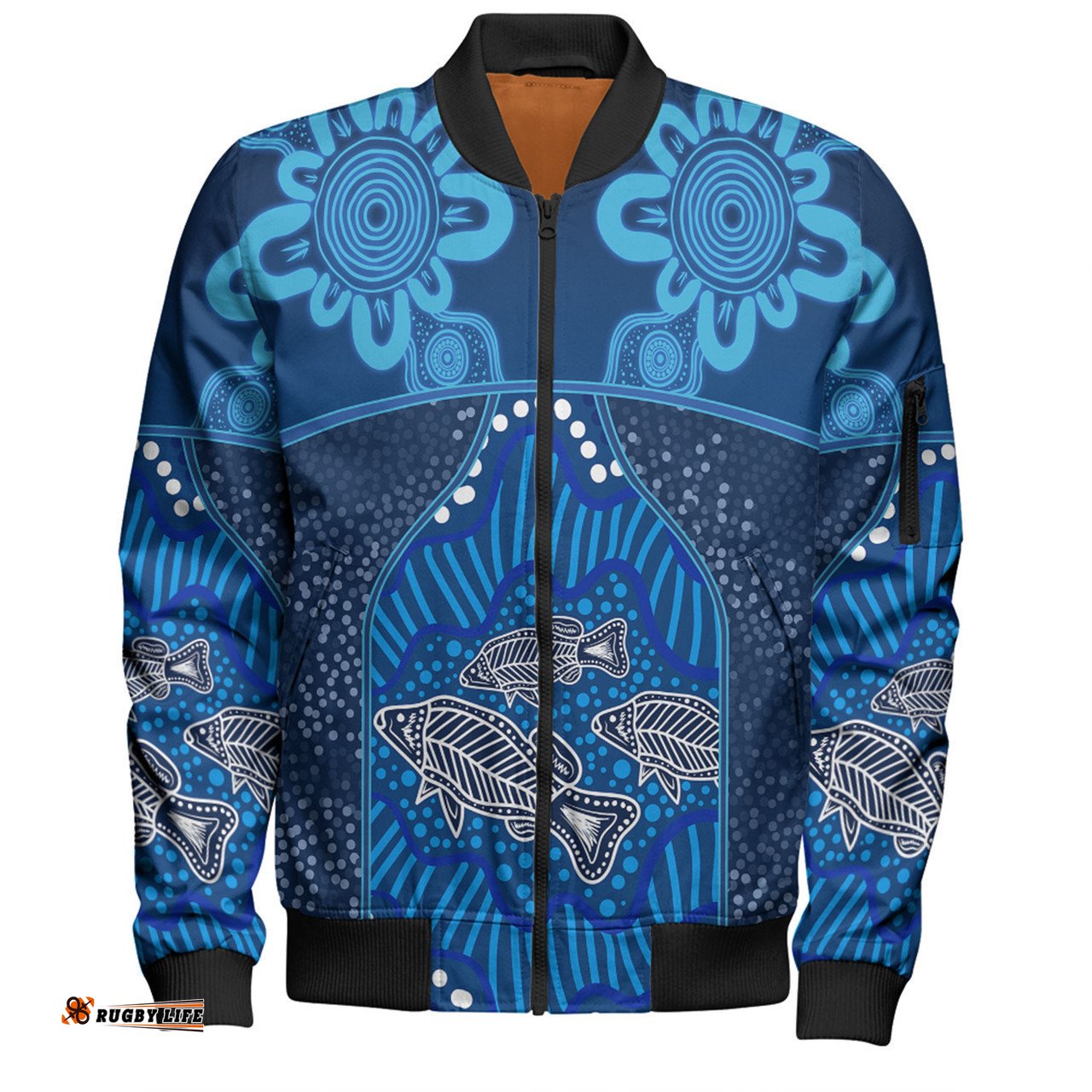 Australia Aboriginal Custom Bomber Jacket - Blue Aboriginal Dot With Fish Personalised Photo Bomber Jacket