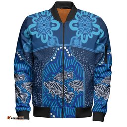 Australia Aboriginal Custom Bomber Jacket - Blue Aboriginal Dot With Fish Personalised Photo Bomber Jacket