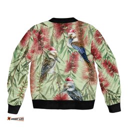 Australia Christmas Bomber Jacket Kookaburra Santa on Callistemon - Pastel