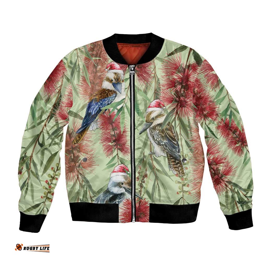 Australia Christmas Bomber Jacket Kookaburra Santa on Callistemon - Pastel