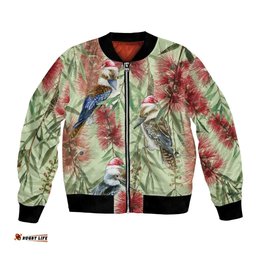 Australia Christmas Bomber Jacket Kookaburra Santa on Callistemon - Pastel