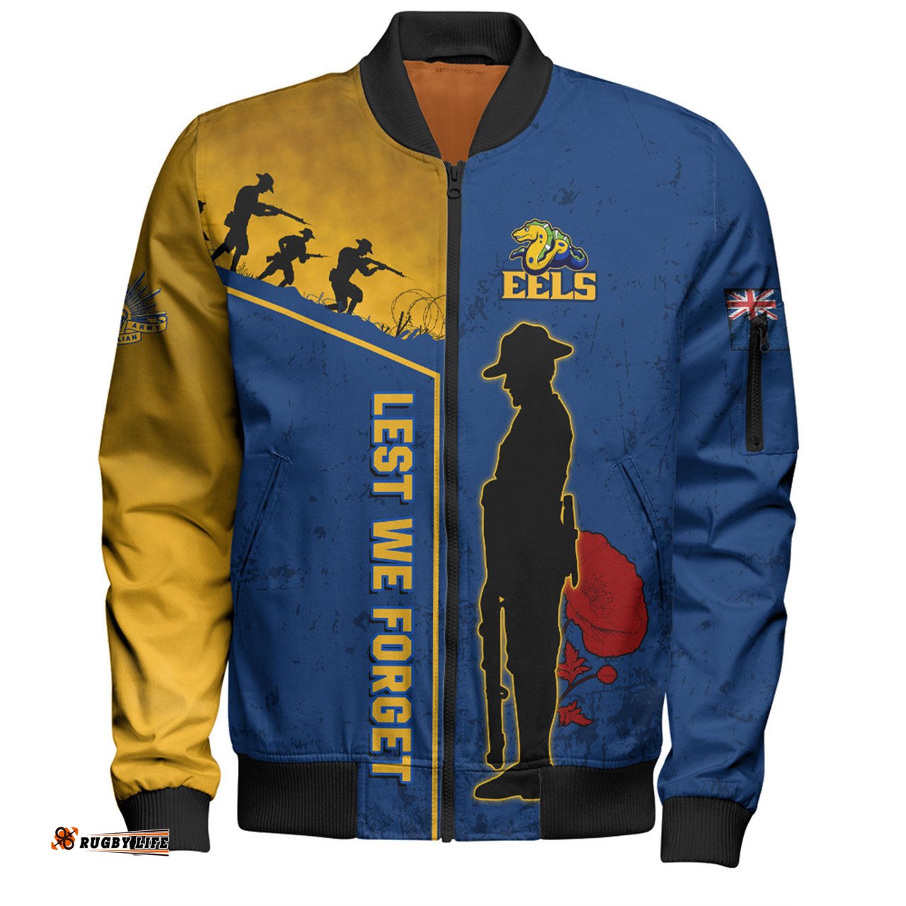Parramatta Eels Bomber Jacket - Anzac Day Lest We Forget Poppy
