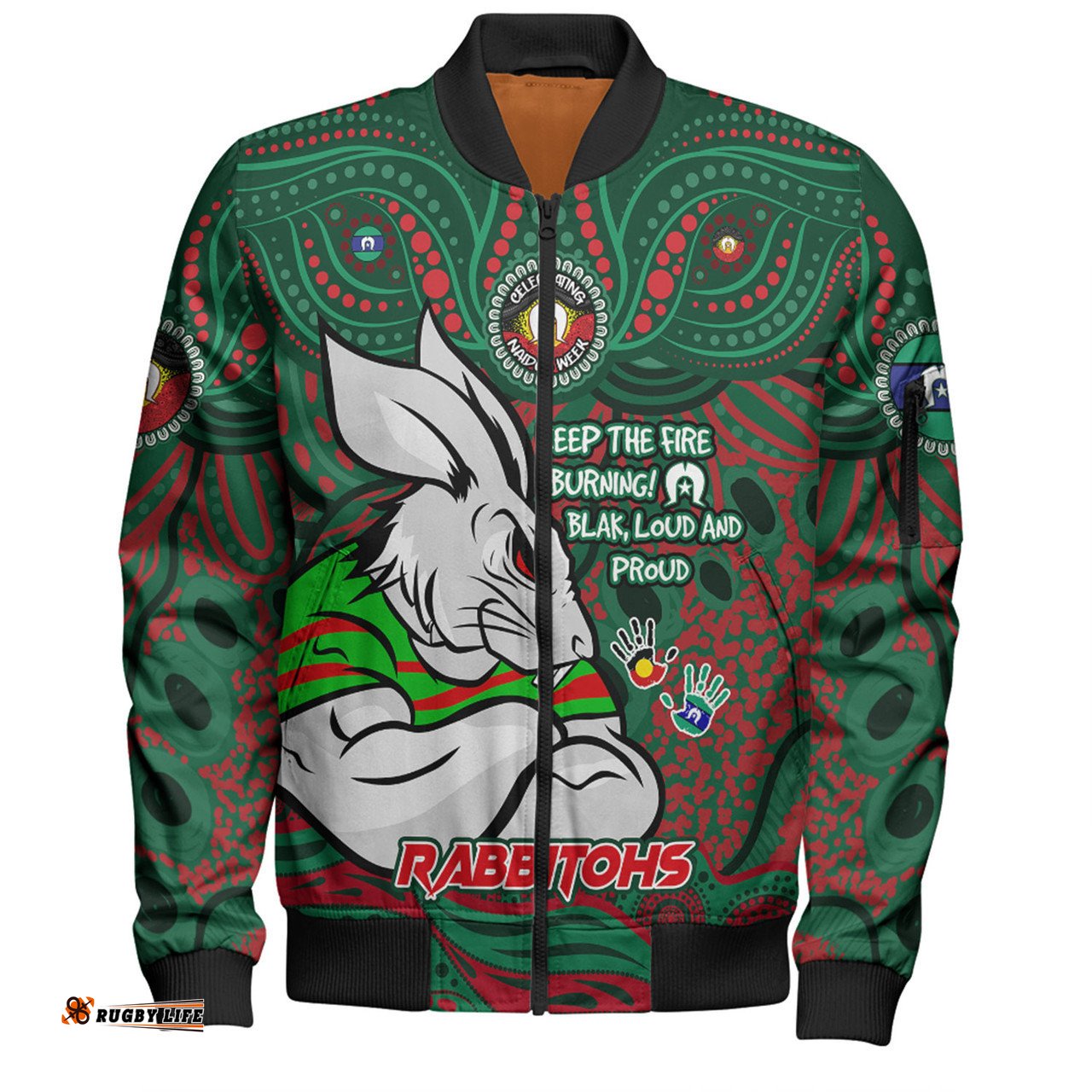 South Sydney Rabbitohs Bomber Jacket Celebrating Naidoc Week 2024 Aboriginal Dot Art Inspired