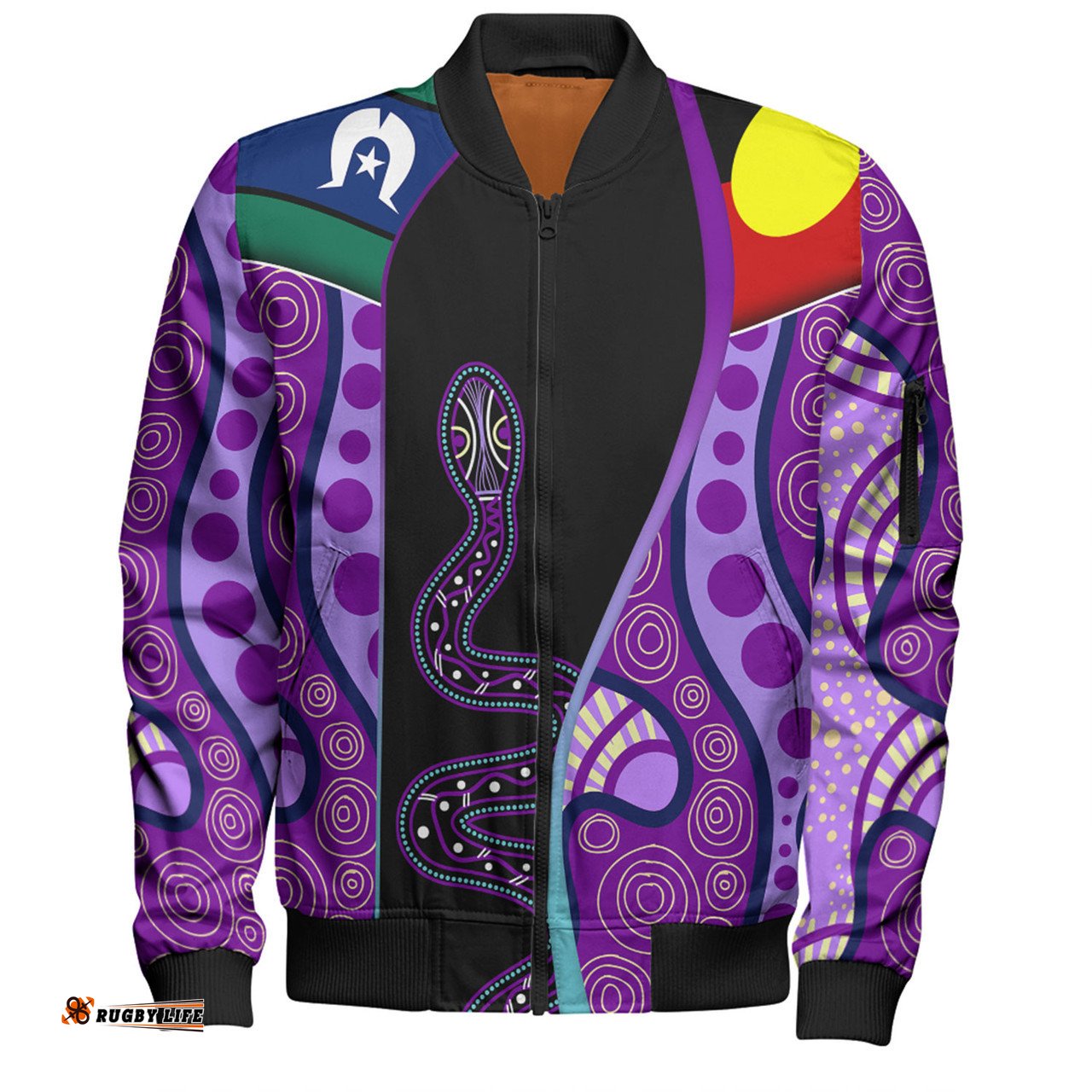 Australia Aboriginal Custom Bomber Jacket - Purple Indigenous Rainbow Serpent Inspired Bomber Jacket