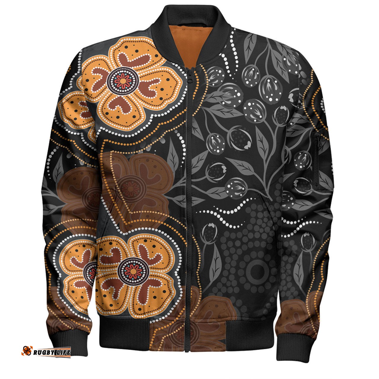 Australia Aboriginal Bomber Jacket - Aboriginal Dot Art With Bush Flowers Bomber Jacket