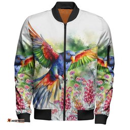 Australia Rainbow Lorikeets Bomber Jacket - Rainbow Lorikeets Flying With Grevillea Flowers Art Bomber Jacket