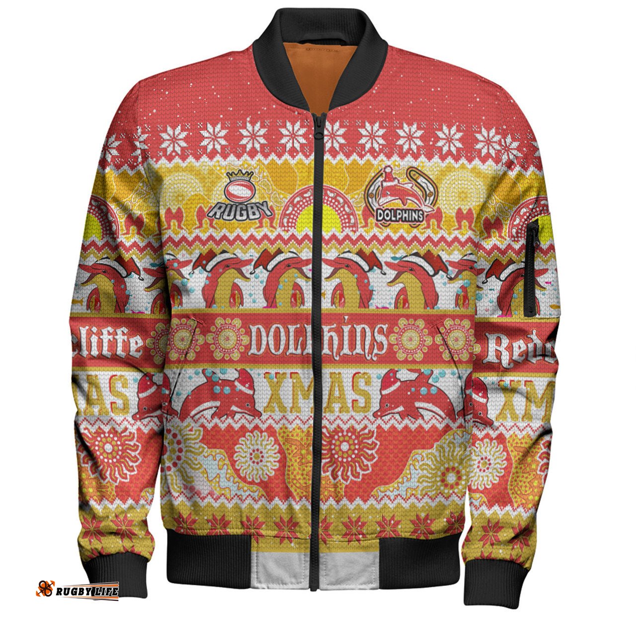 Redcliffe Dolphins Christmas Aboriginal Custom Bomber Jacket - Indigenous Knitted Ugly Xmas Style Bomber Jacket