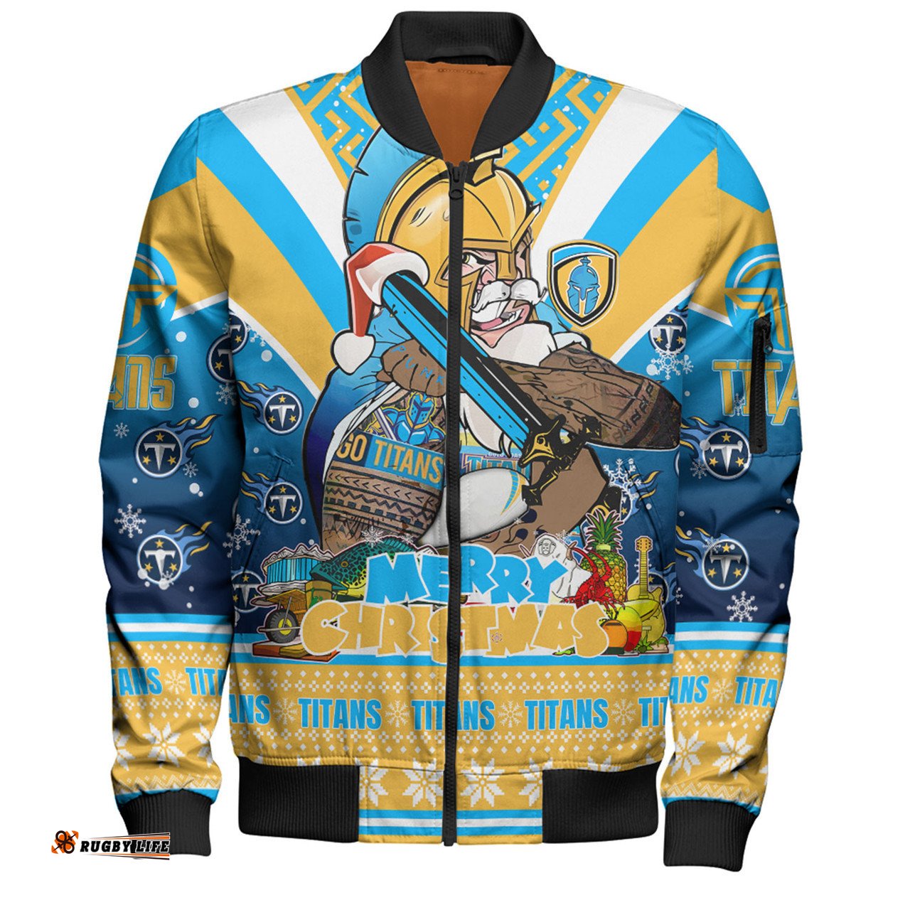 Gold Coast Titans Christmas Custom Bomber Jacket - Gold Coast Titans Santa Aussie Big Things Bomber Jacket