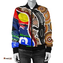 Women's Bomber Jacket - Australian Aboriginal Crocodile With NAIDOC Flags