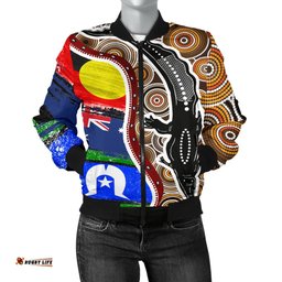 Women's Bomber Jacket - Australian Aboriginal Crocodile With NAIDOC Flags