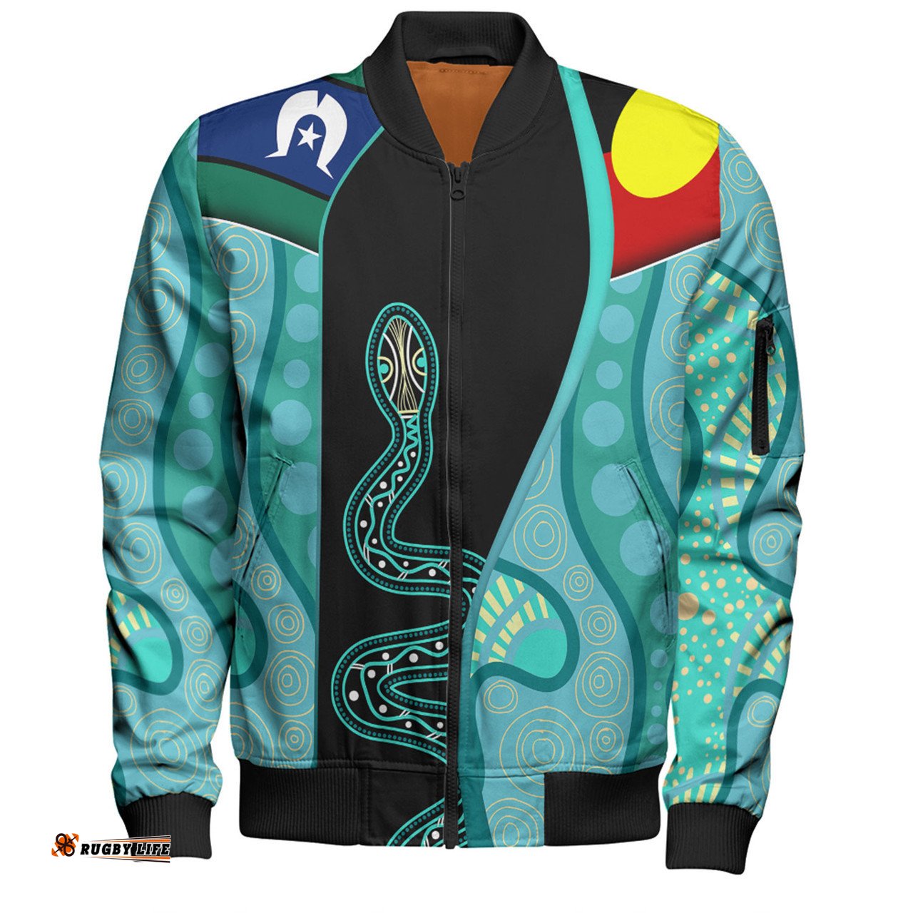 Australia Aboriginal Custom Bomber Jacket - Turquoise Indigenous Rainbow Serpent Inspired Bomber Jacket