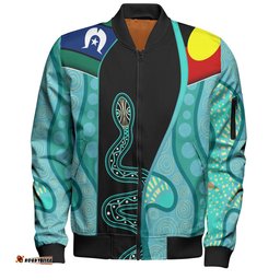 Australia Aboriginal Custom Bomber Jacket - Turquoise Indigenous Rainbow Serpent Inspired Bomber Jacket