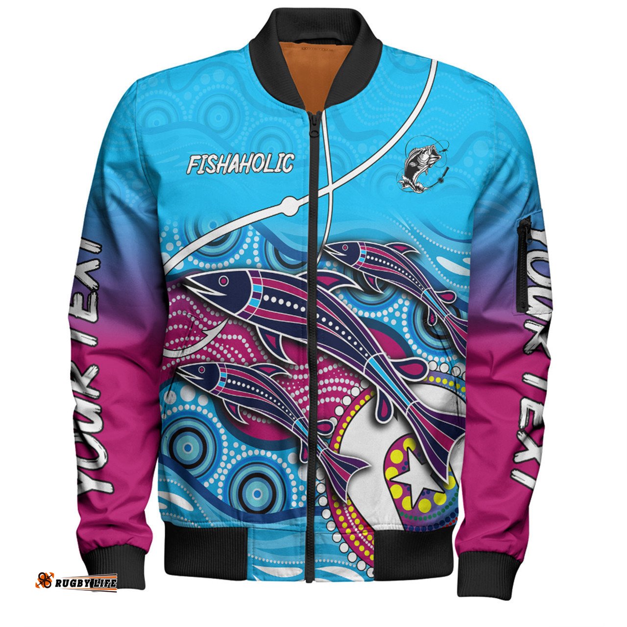 Australia Fishing Aboriginal Fishing Custom Bomber Jacket - Fishaholic With The Dhari Symbol And Aboriginal Pattern Bomber Jacket