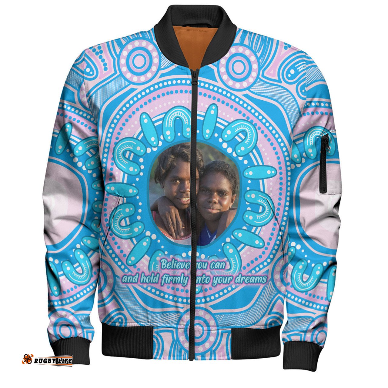 Australia Aboriginal Custom Bomber Jacket - Believe You Can And Hold Firmly Onto Your Dreams Personalised Photo (Blue) Bomber Jacket