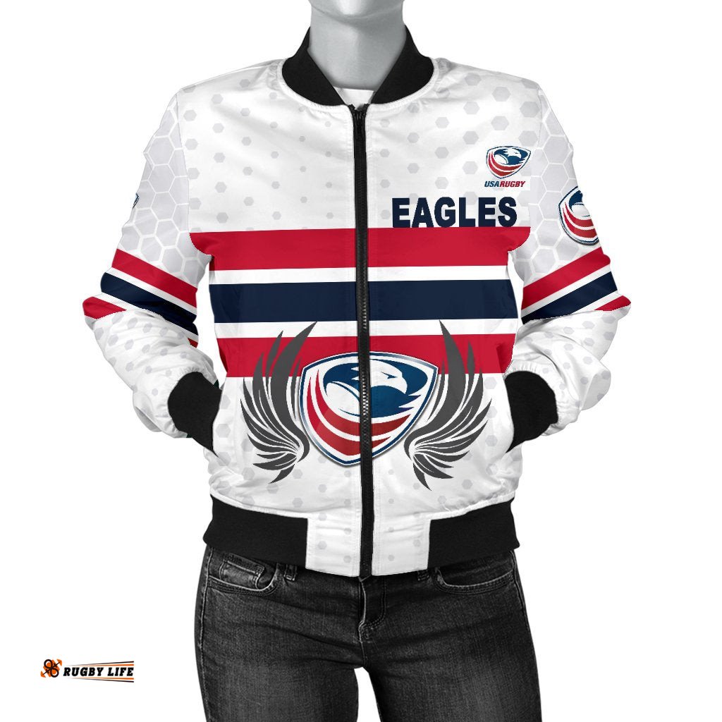 USA Rugby Women's Bomber Jacket Eagles Simple Style - White