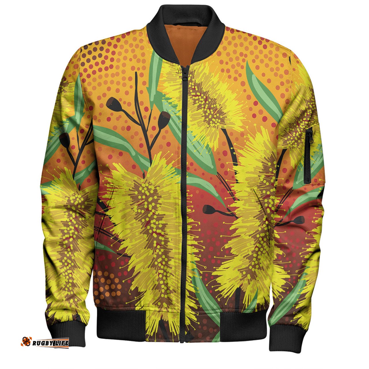 Australia Aboriginal Bomber Jacket - Aboriginal Art Of Yellow Bottle Brush Plant Bomber Jacket