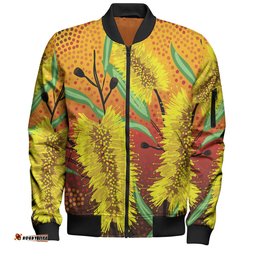 Australia Aboriginal Bomber Jacket - Aboriginal Art Of Yellow Bottle Brush Plant Bomber Jacket