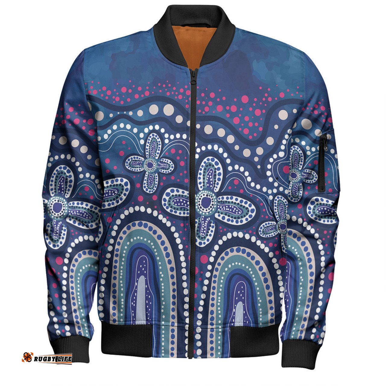 Australia Aboriginal Bomber Jacket - Dot painting illustration in Aboriginal style Blue Bomber Jacket