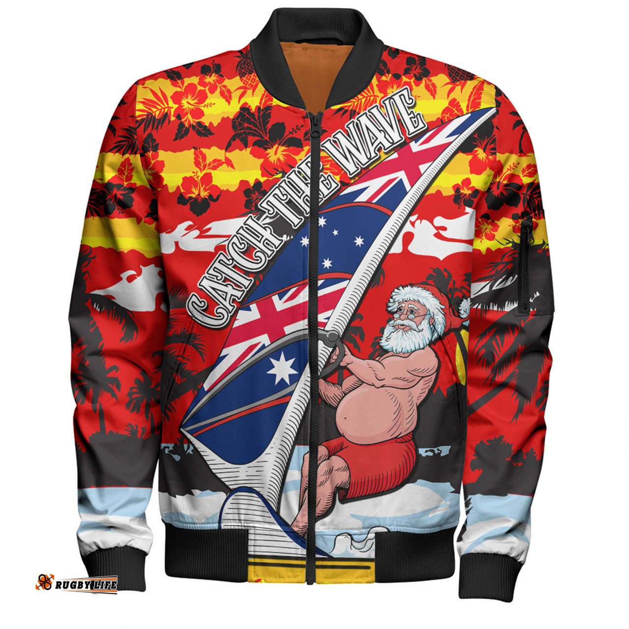 Australia Surfing Christmas Bomber Jacket - Tropical Santa Catch The Wave Bomber Jacket