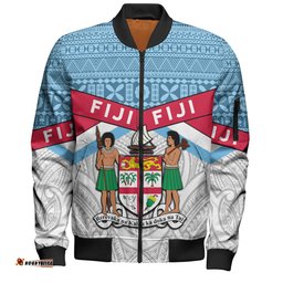 Australia South Sea Islanders Bomber Jacket - Fiji In Fijian Tapa Pattern Coat Of Arms Symbol Bomber Jacket