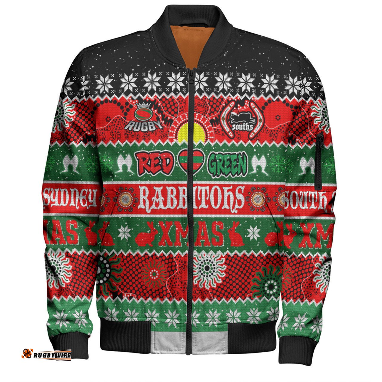 South Sydney Rabbitohs Aboriginal Custom Bomber Jacket - Indigenous Knitted Ugly Xmas Style Bomber Jacket
