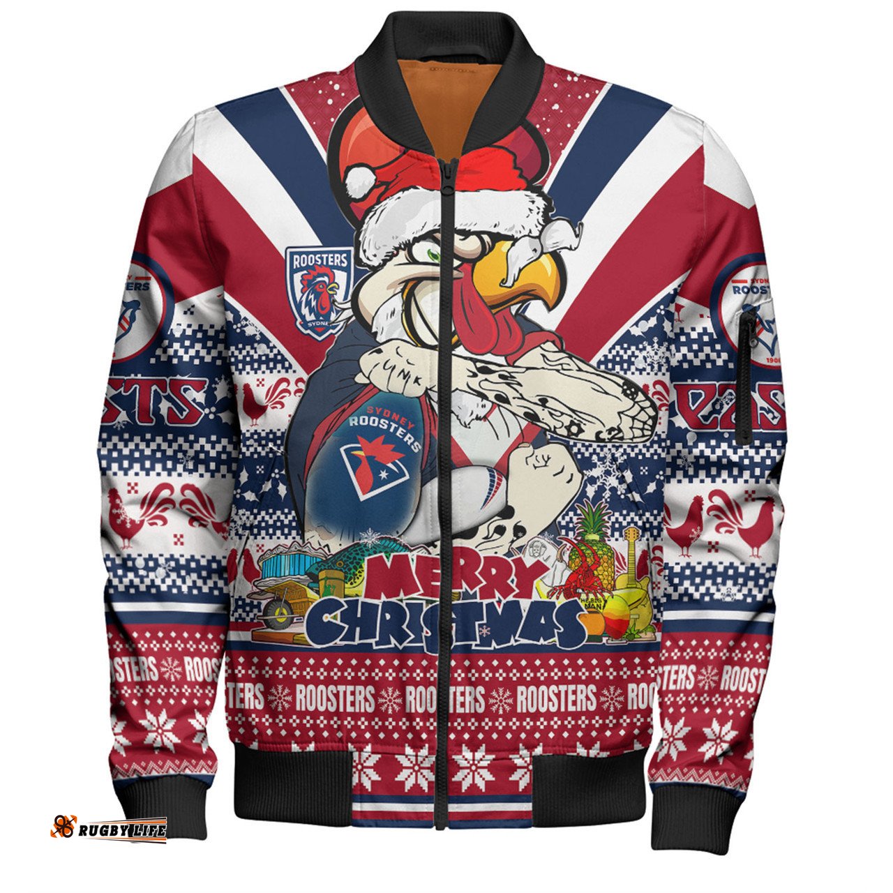 Sydney Roosters Christmas Custom Bomber Jacket - Easts Rooster Santa Aussie Big Things Bomber Jacket