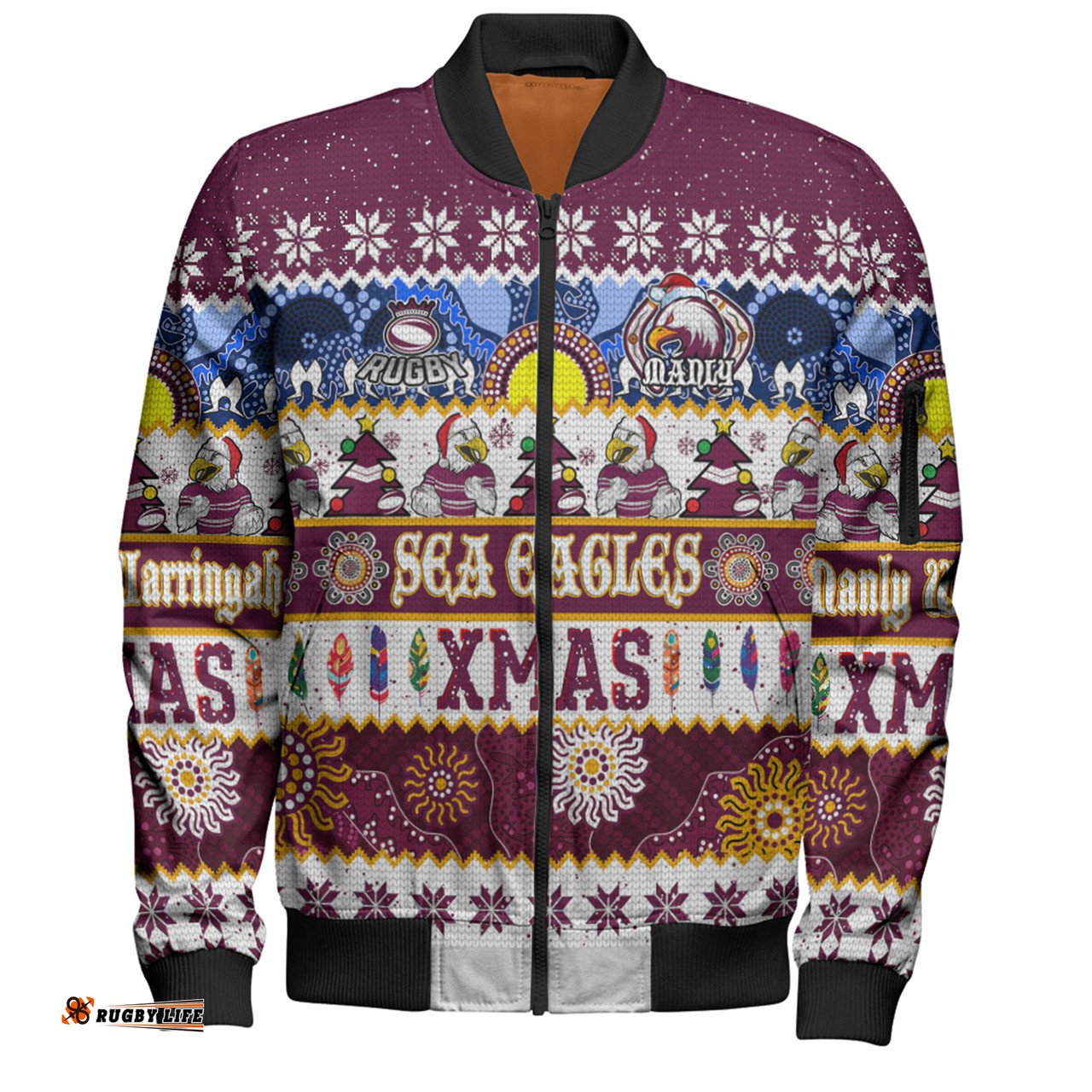 Manly Warringah Sea Eagles Christmas Aboriginal Custom Bomber Jacket - Indigenous Knitted Ugly Xmas Style Bomber Jacket