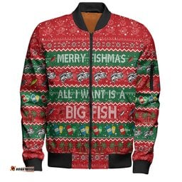 Australia Christmas Custom Bomber Jacket - Merry Fishmas All I Want is a Big Fish Bomber Jacket