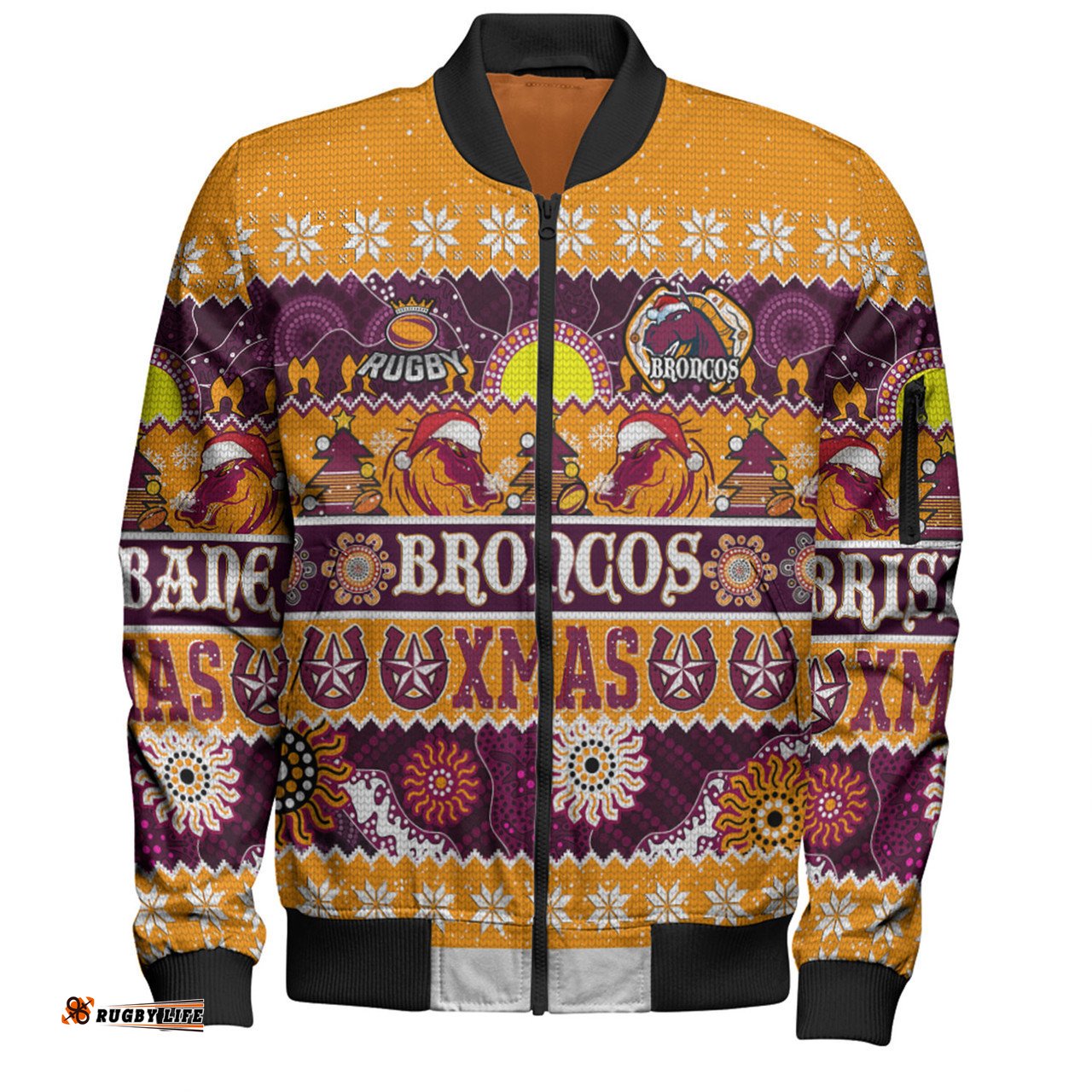Brisbane Broncos Christmas Aboriginal Custom Bomber Jacket - Indigenous Knitted Ugly Xmas Style Bomber Jacket