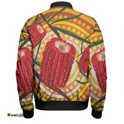 Australia Flowers Aboriginal Bomber Jacket - Aboriginal Dot Painting With Red Banksia Flower Bomber Jacket