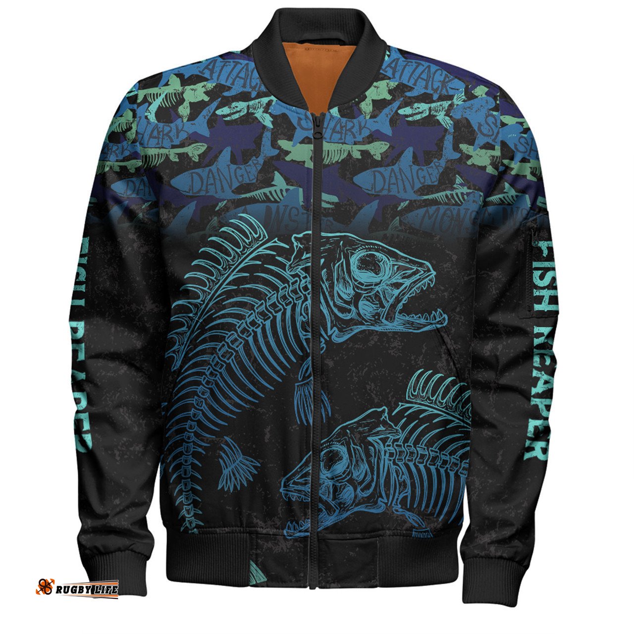 Australia Fishing Custom Bomber Jacket - Fish Reaper Fish Skeleton Blue Bomber Jacket