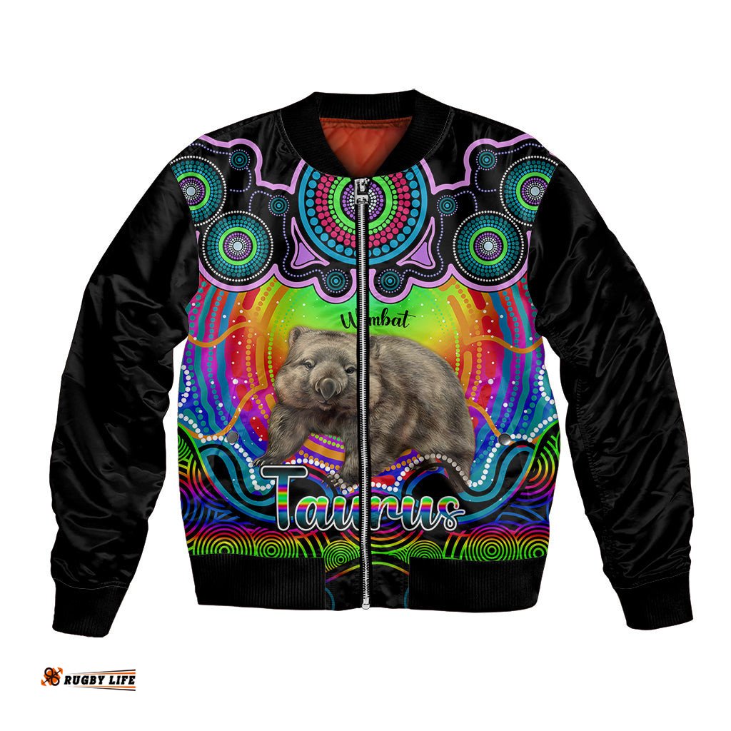 Personalised Australia Taurus Wombat Zodiac Bomber Jacket Auz Astrology Aboriginal - Rainbow