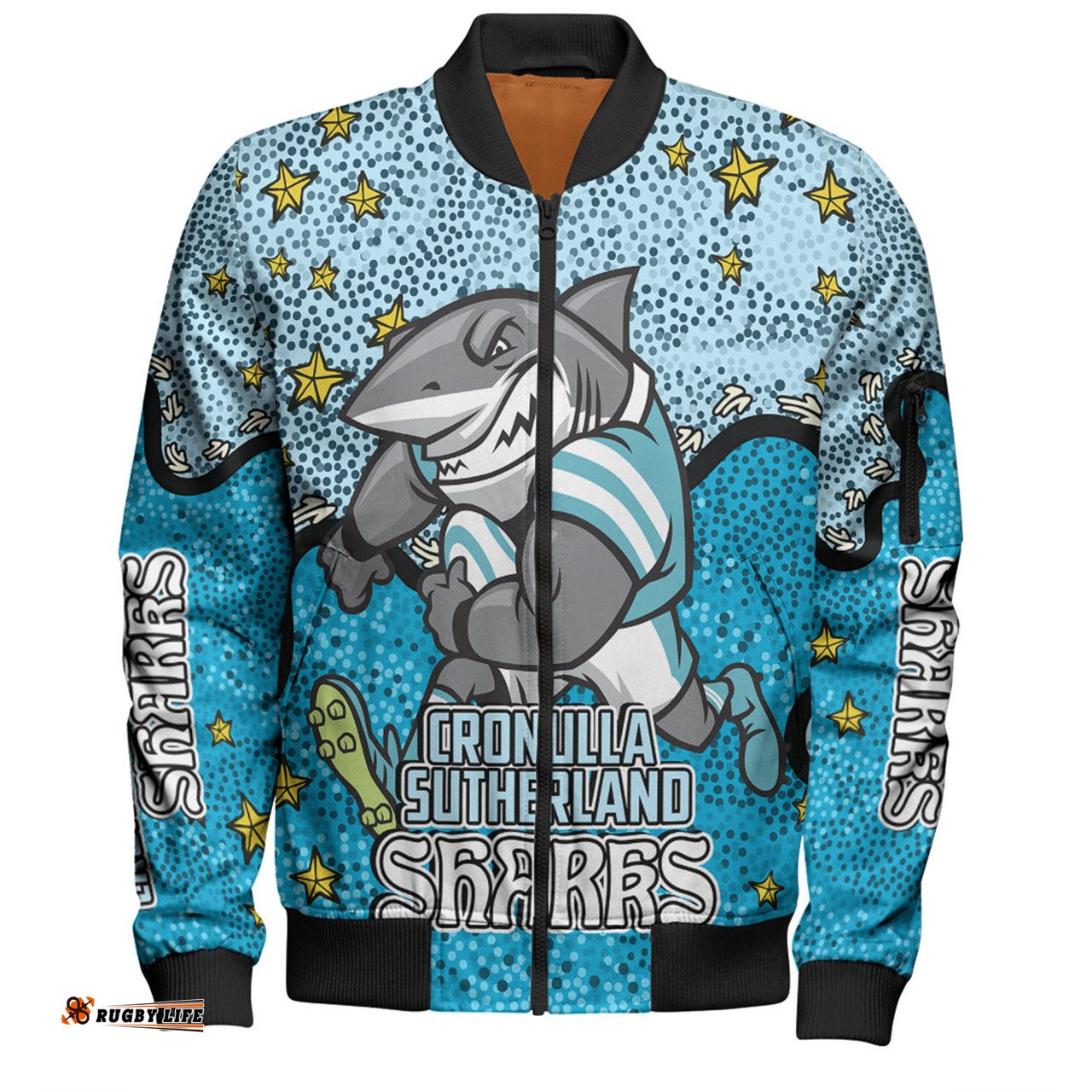 Cronulla-Sutherland Sharks Custom Bomber Jacket - Team With Dot And Star Patterns For Tough Fan Bomber Jacket