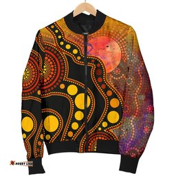 Aboriginal Women's Bomber Jacket - Australia Indigenous Flag Circle Dot Painting Art Golden