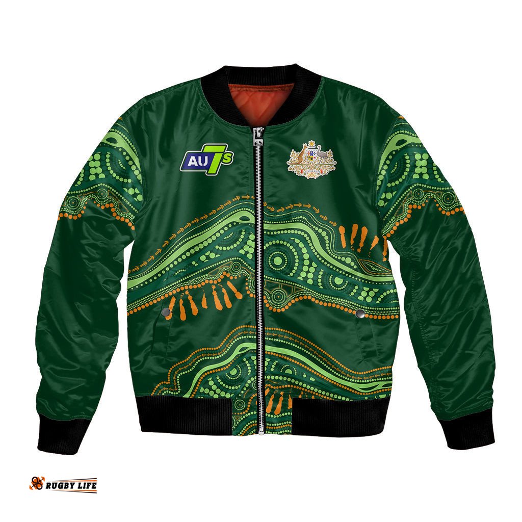 Custom Text And Number Aussie Sevens Rugby Aboriginal Art Bomber Jacket