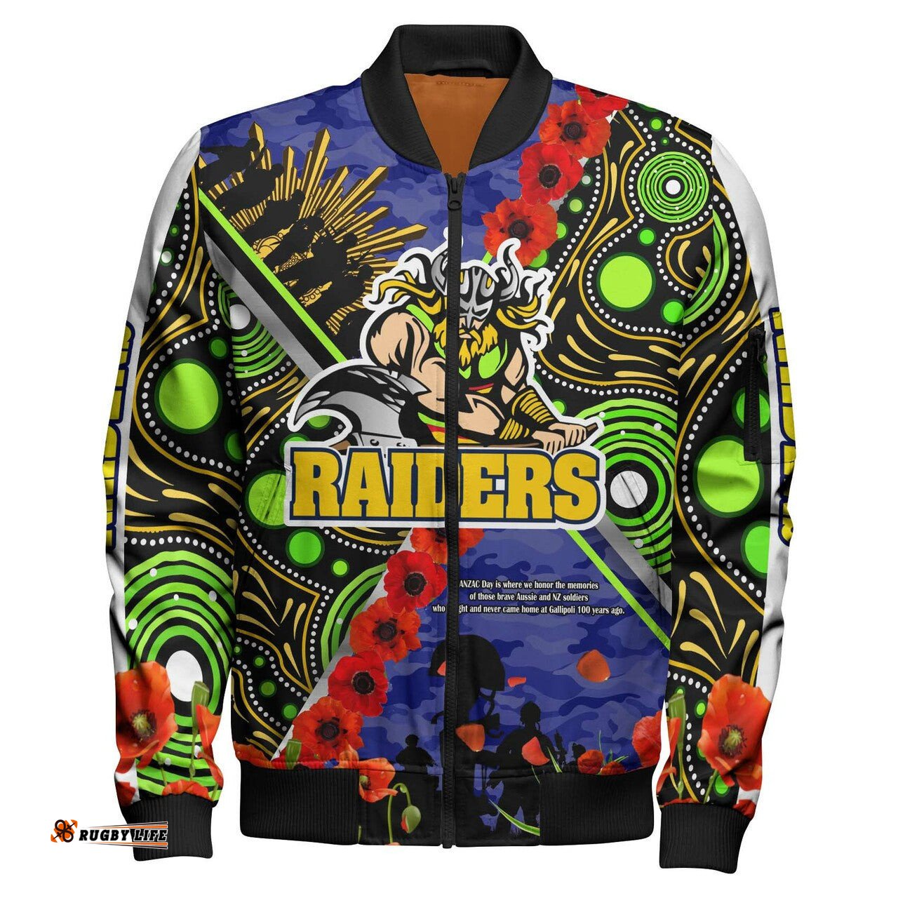 Raiders Rugby Anzac Aboriginal Bomber Jacket - Canberra Raiders with Anzac Day Poppy Flower Bomber Jacket