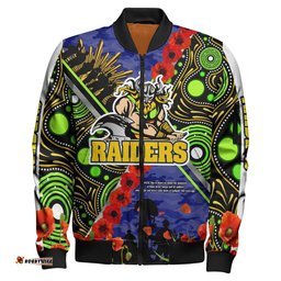 Raiders Rugby Anzac Aboriginal Bomber Jacket - Canberra Raiders with Anzac Day Poppy Flower Bomber Jacket