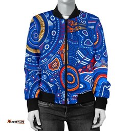 Aboriginal Women's Bomber Jacket - Indigenous Footprint Patterns Blue Color