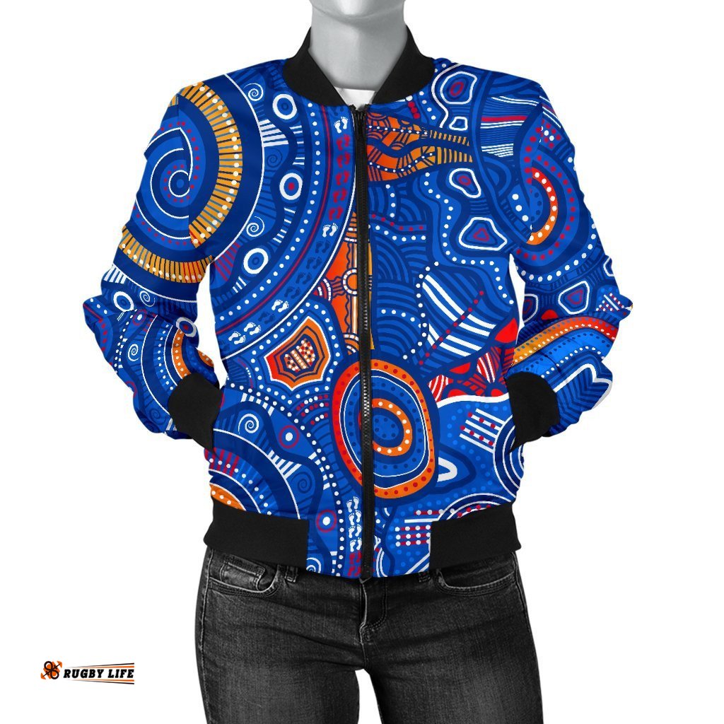 Aboriginal Women's Bomber Jacket - Indigenous Footprint Patterns Blue Color
