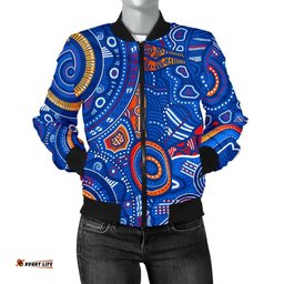 Aboriginal Women's Bomber Jacket - Indigenous Footprint Patterns Blue Color