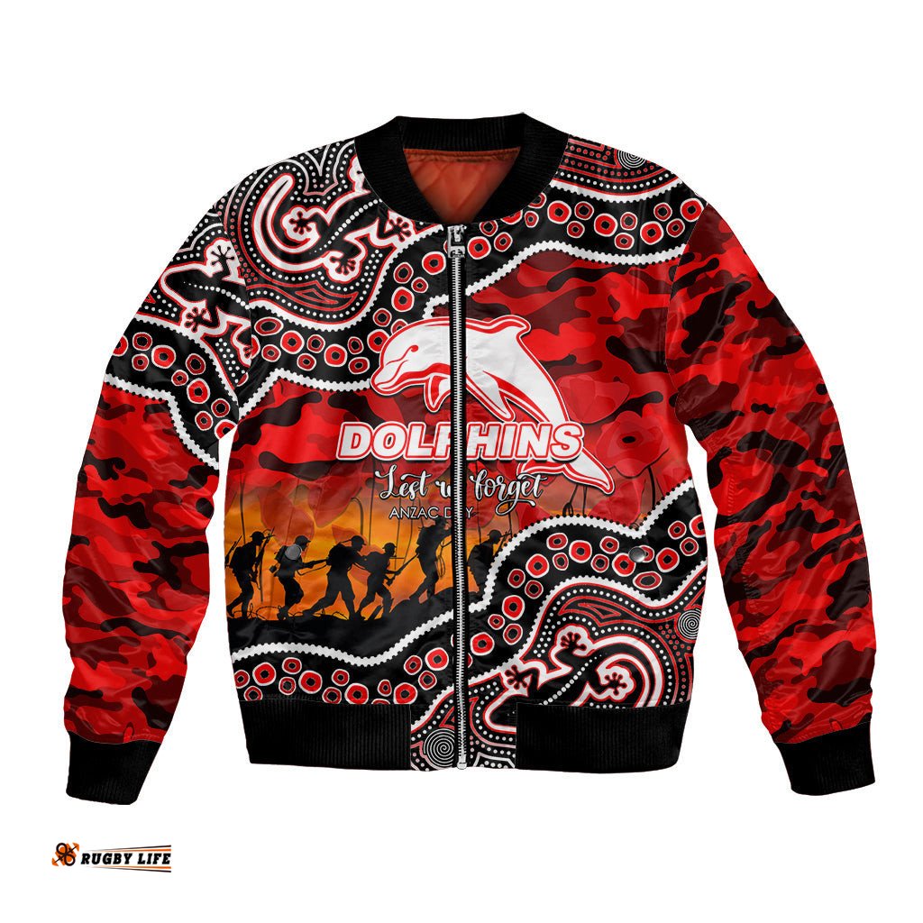 Custom Personalised Anzac Day NRL - Dolphins Bomber Jacket Aboriginal Lizard Patterns