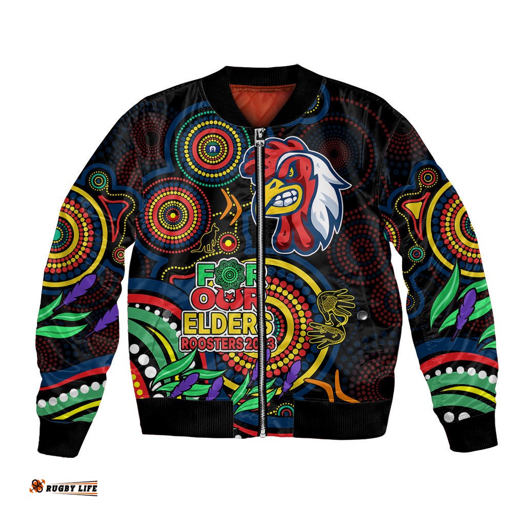 Roosters Rugby Aboriginal Art Bomber Jacket NAIDOC Indigenous Tribal