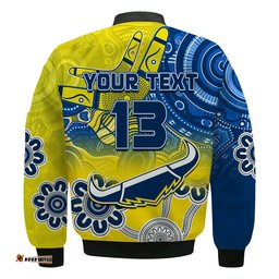 Custom Text and Number Cowboys Rugby Bomber Jacket Aboriginal Boomerang Go Premiers North Queensland